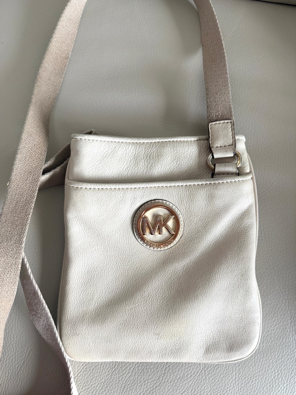 Michael Kors Cream Crossbody Bag with Gold MK Emblem